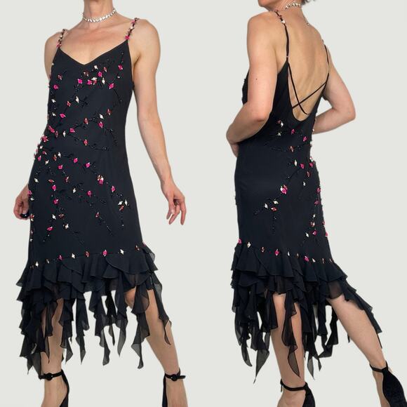 Cache silk rosette beaded slip dress prom gown ruffle formal cocktail floral M - Picture 3 of 16